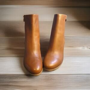 Michael Kors Frenchie Brown Leather Ankle Boots Gold Zipper Round Toe Block Heel